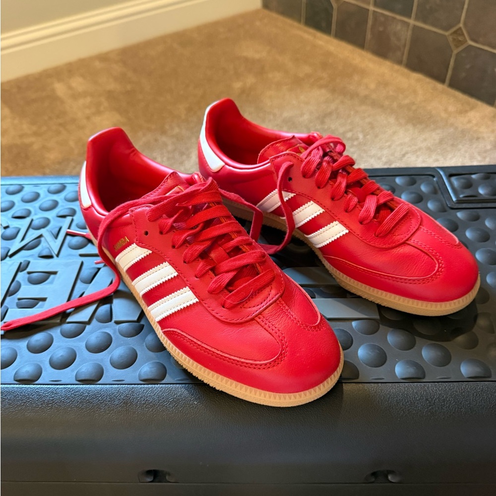 Adidas Bright Red Sneakers with White Accents Men’s size 6.5 Women’s size 7.5